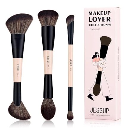 Jessup Juego de brochas de maquillaje facial de 3 piezas con doble punta (base, contorno, colorete, iluminador y corrector)